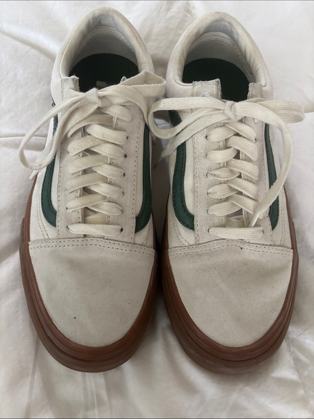 Vans Cream Suede Low-Top Sneakers with Green Stripe and Brown Sole